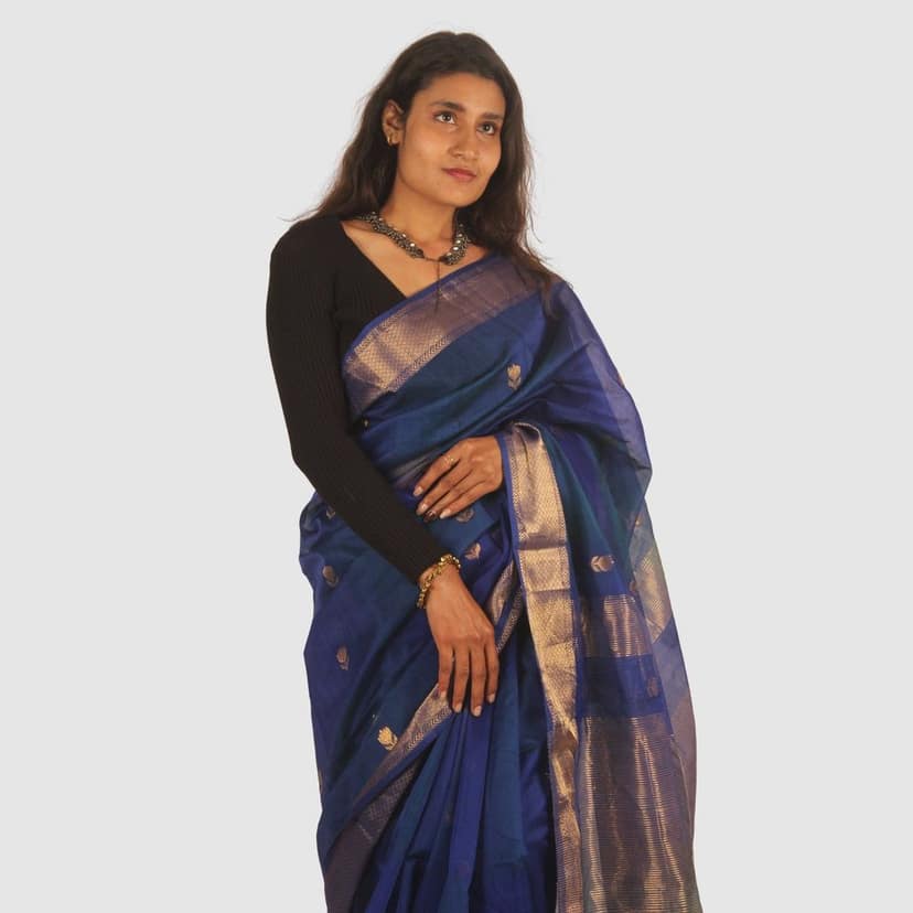 Royal Blue Maheshwari Silk Cotton Saree with Gold Zari Border