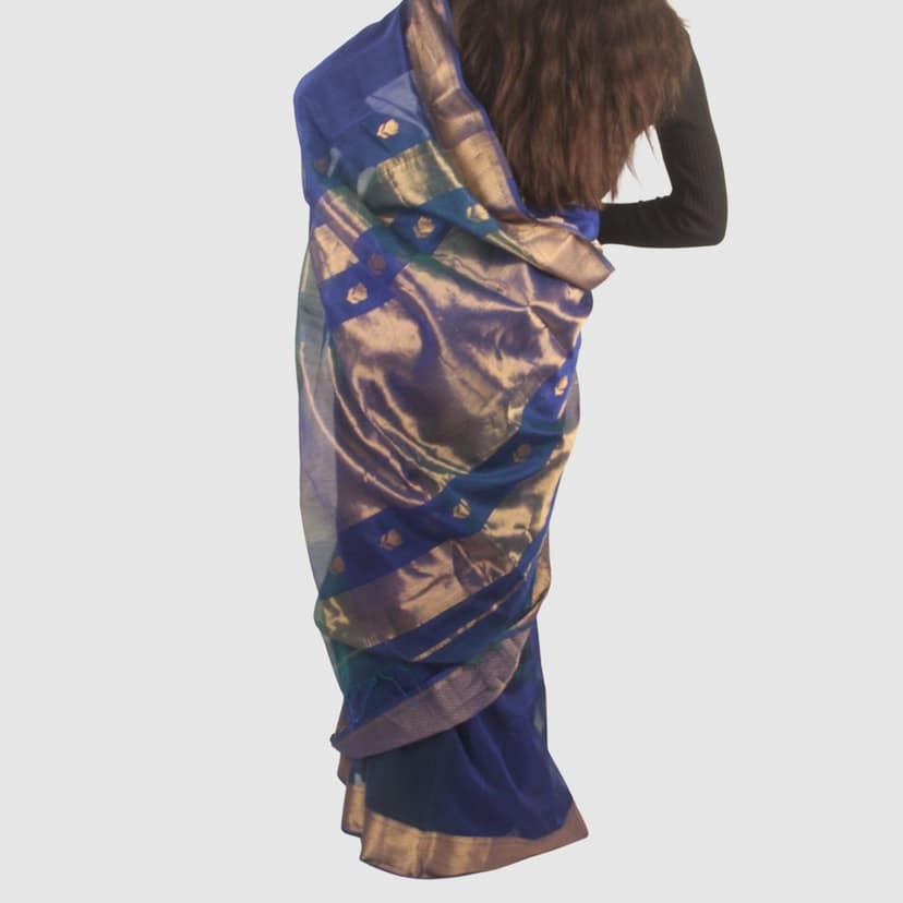 Royal Blue Maheshwari Silk Cotton Saree with Gold Zari Border view 3