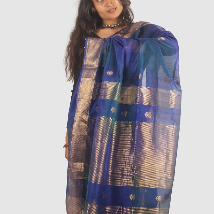 Royal Blue Maheshwari Silk Cotton Saree with Gold Zari Border view 5