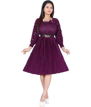 NEWSIFA Women Cotton Blend Embellished Fit & Flare Dress ( Maroon )