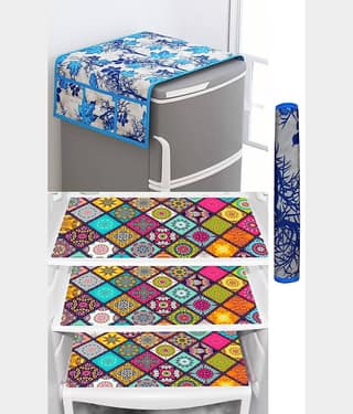 SHUBH Polyester Floral Fridge Mat & Cover ( 99 58 ) Pack of 5 - Blue