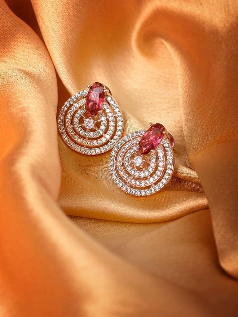 Rose Gold Plated Red and White AD Studded Concentric Studs Earrings view 2