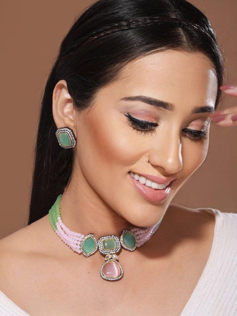 Exquisite Multi Moissanite Pearl Beaded Choker Set view 4
