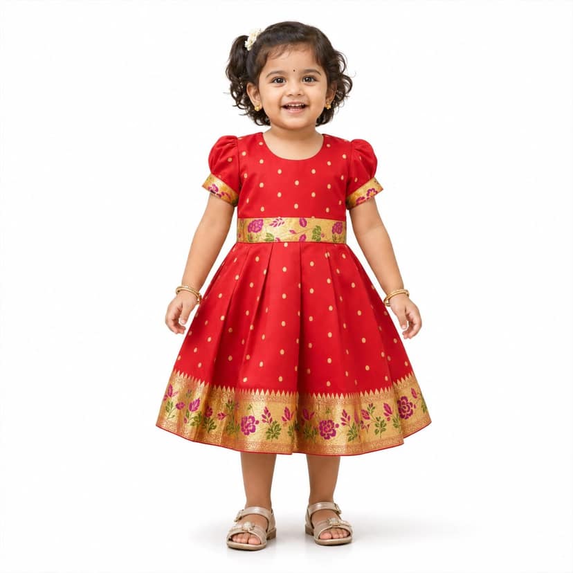 luster Frock taffata-Paithani Age (0 to 5) (18-24 Months, Red)