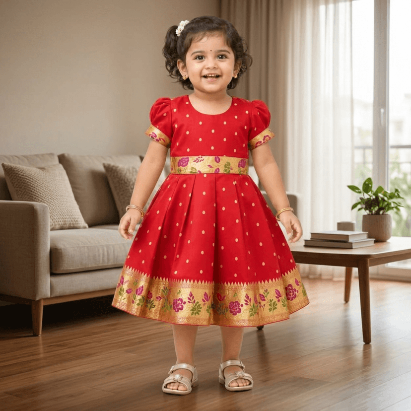 luster Frock taffata-Paithani Age (0 to 5) (18-24 Months, Red) view 3