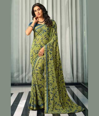 BLEESBURY Georgette Printed Saree With Unstitched Blouse Piece ( Green )