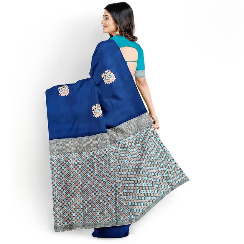 Navy Blue Color Silver & Copper Zari Floral Butta Saree with Contrast Blouse view 2