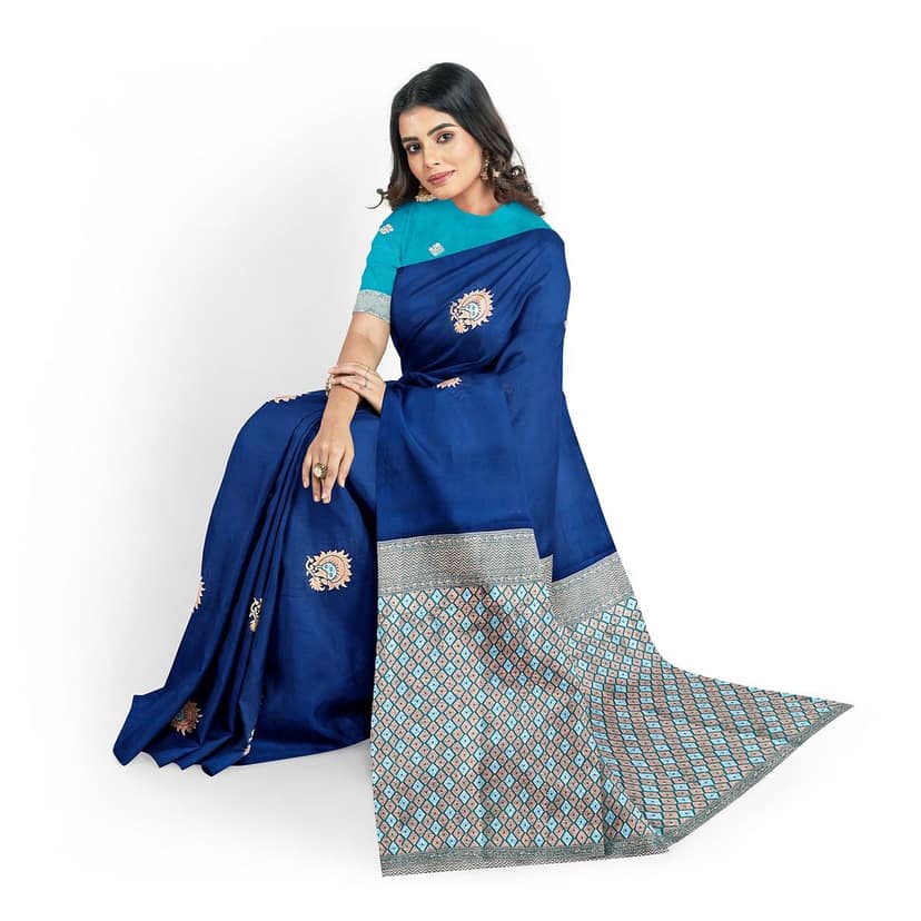 Navy Blue Color Silver & Copper Zari Floral Butta Saree with Contrast Blouse view 3