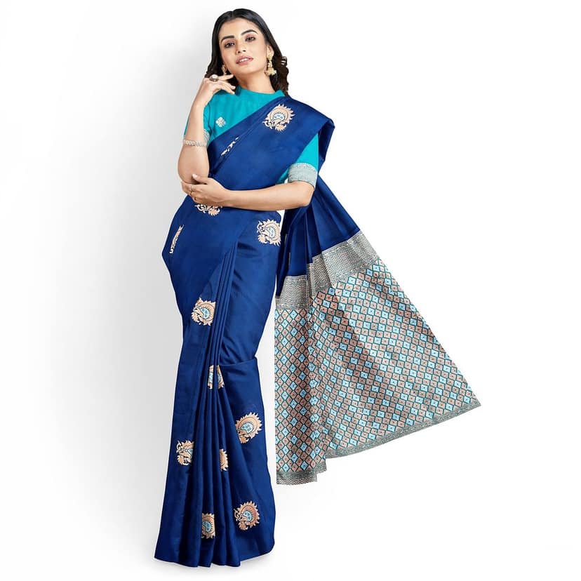 Navy Blue Color Silver & Copper Zari Floral Butta Saree with Contrast Blouse view 4