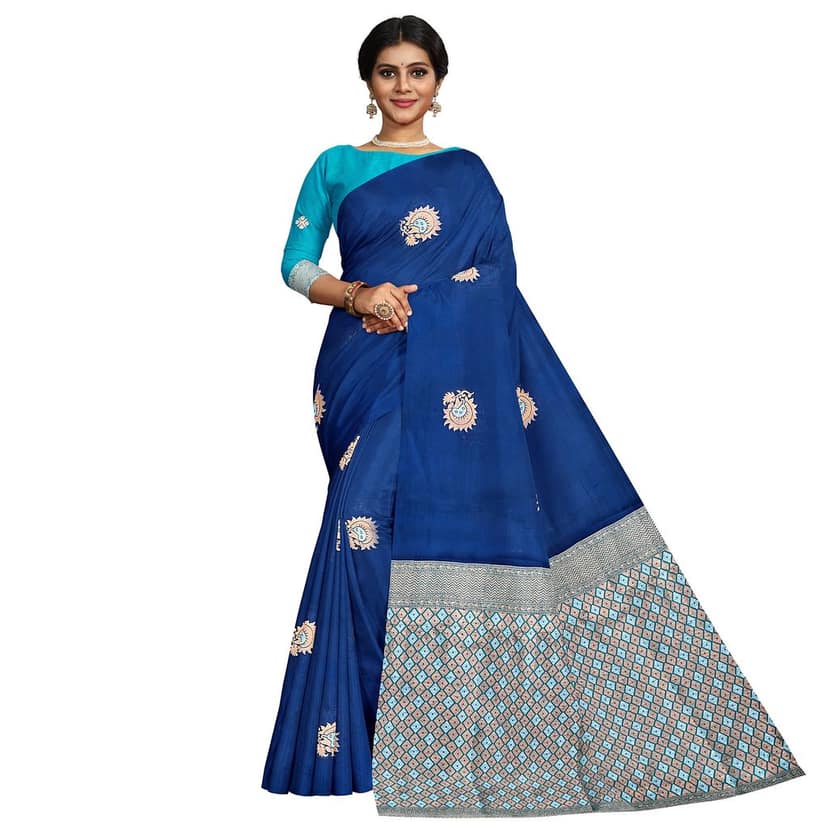 Navy Blue Color Silver & Copper Zari Floral Butta Saree with Contrast Blouse view 5