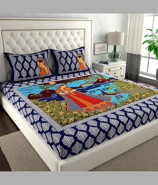 ABHACLOTHO Cotton 1 Double Bedsheet with 2 Pillow Covers ( Blue )