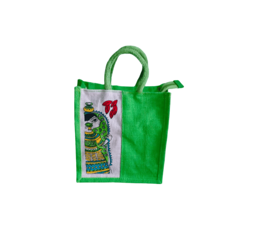 Handmade Jute Bag with Madhubani Painting - Green