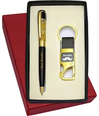 UJJi Best Bro Printed Golden Gel Filled Brass Body Ball Pen & Hook Keychain