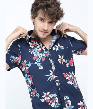 Locomotive 100% Cotton Slim Fit Printed Half Sleeves Men's Casual Shirt - Navy ( Pack of 1 )