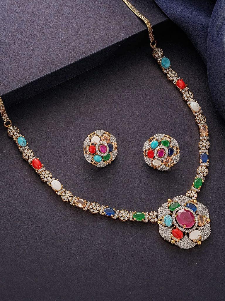 Gold Plated Nav Ratna Zircon Studded Temple Minimal Jewellery Set