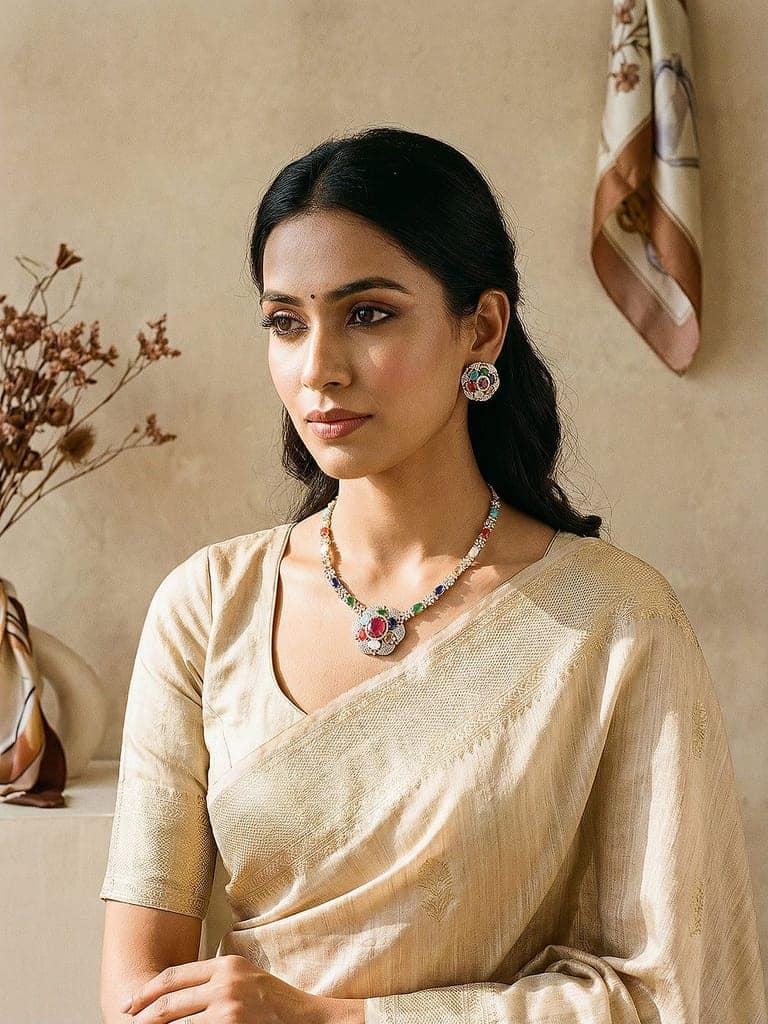 Gold Plated Nav Ratna Zircon Studded Temple Minimal Jewellery Set view 2