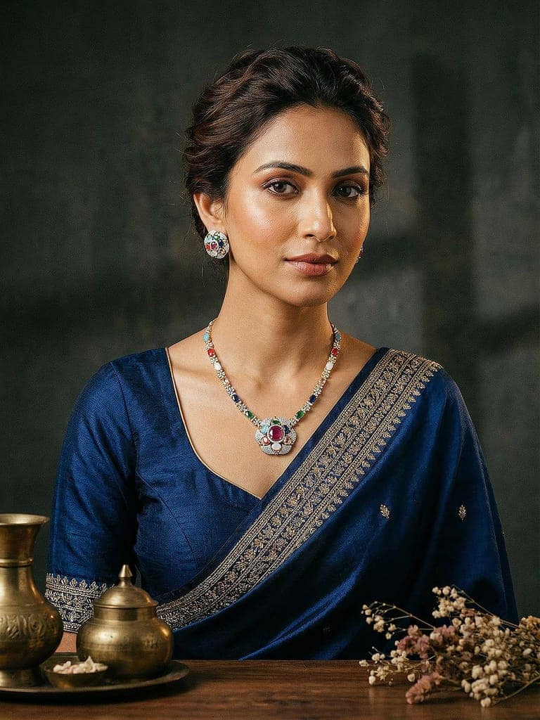 Gold Plated Nav Ratna Zircon Studded Temple Minimal Jewellery Set view 3