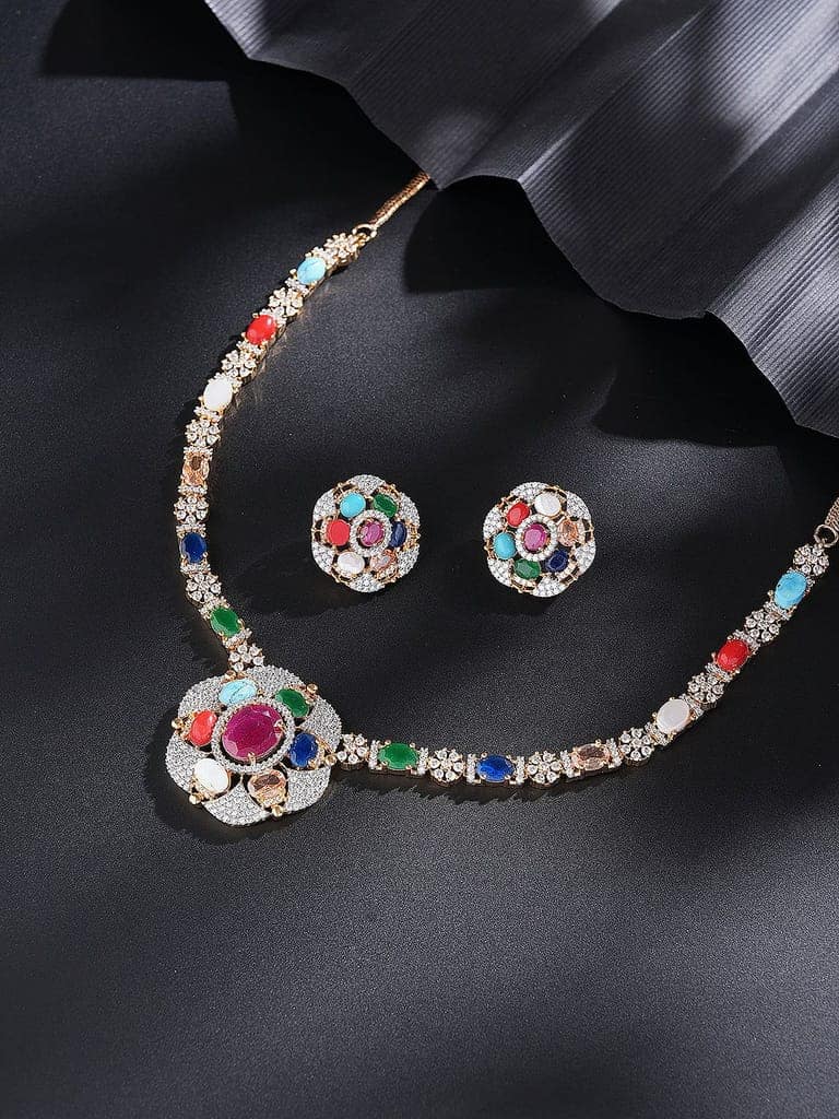 Gold Plated Nav Ratna Zircon Studded Temple Minimal Jewellery Set view 5