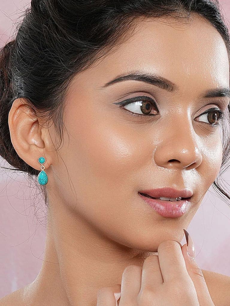 925 Sterling Silver Turquoise Stone Studded Minimal Boho Geometric Drop earrings view 2
