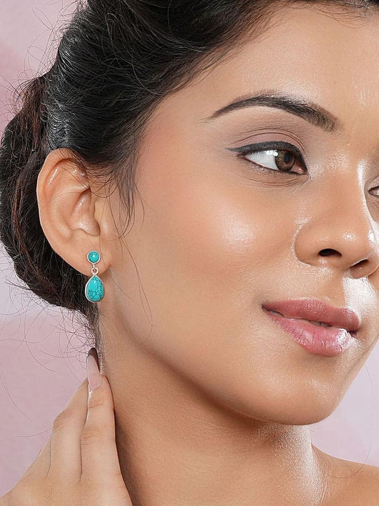 925 Sterling Silver Turquoise Stone Studded Minimal Boho Geometric Drop earrings view 4