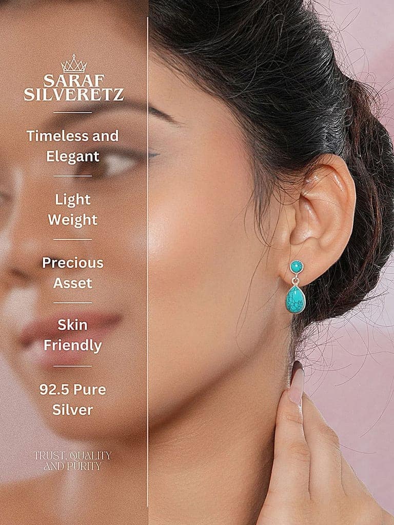 925 Sterling Silver Turquoise Stone Studded Minimal Boho Geometric Drop earrings view 5