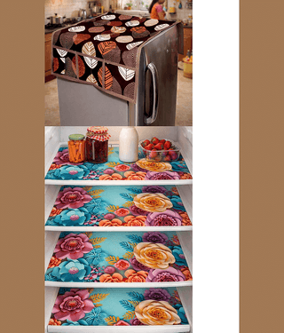 Revexo PVC Floral Fridge Mat & Cover ( 44 30 ) Pack of 5 - Beige