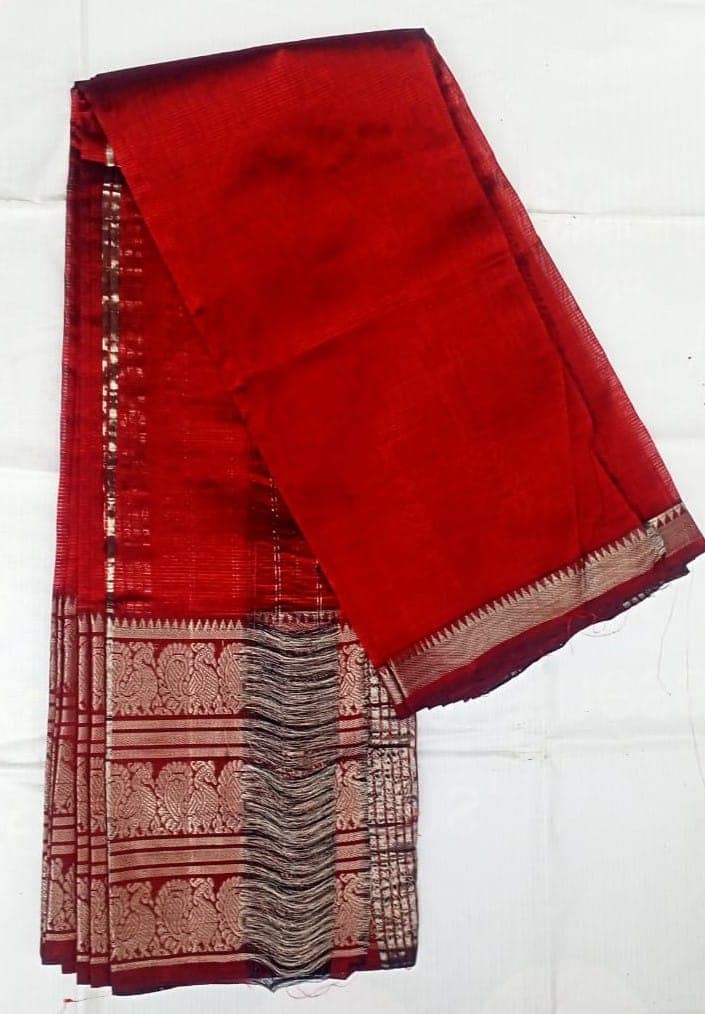 Mangalagiri Cotton Silk Red Saree With Silver zari border