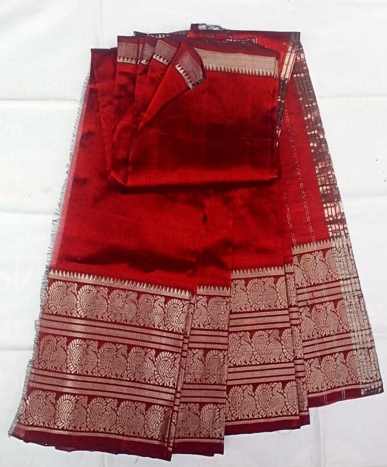 Mangalagiri Cotton Silk Red Saree With Silver zari border view 2