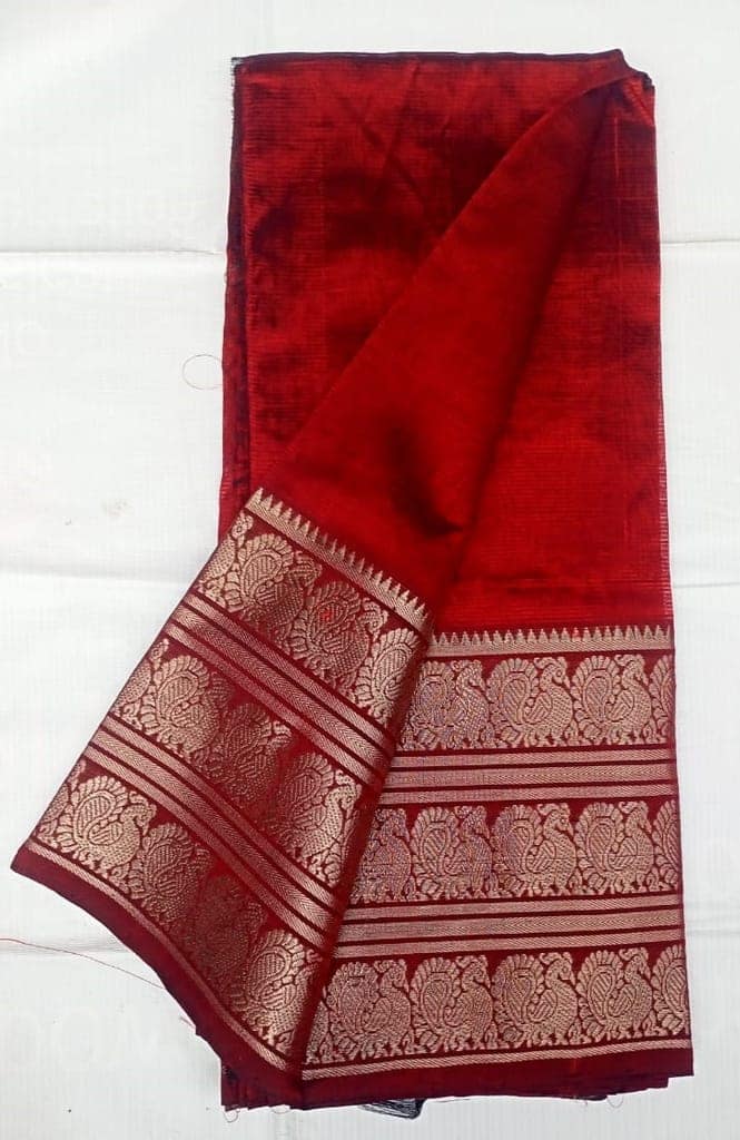 Mangalagiri Cotton Silk Red Saree With Silver zari border view 3