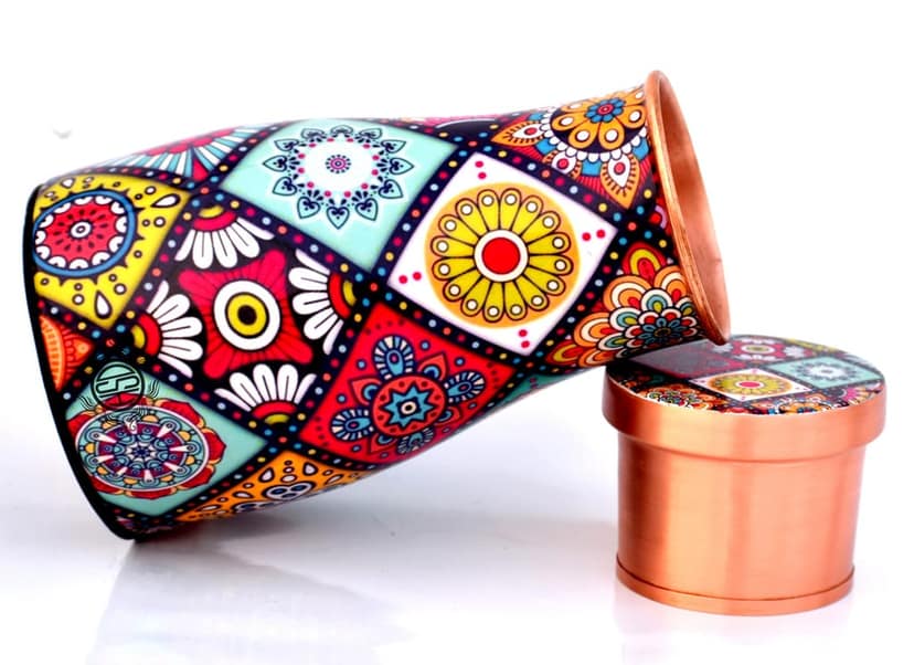 Copper Bedroom Bottle Printed Jug with Inbuilt Glass, Joint Free Bedside Jar, Modern Design, (950 ML) view 2
