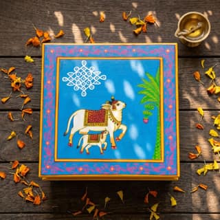 Hand painted cow & calf pichwai art sky blue color wooden chowki / Bajot