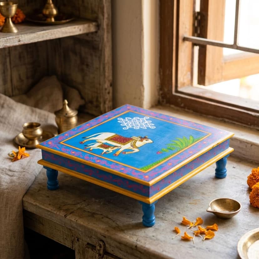 Hand painted cow & calf pichwai art sky blue color wooden chowki / Bajot view 2