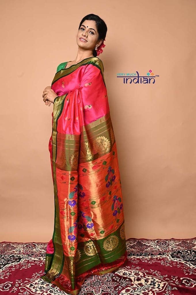 Pure Silk Handloom Maharani Paithani - Mor Butti with Meena work - Traditional Pink with Green view 3