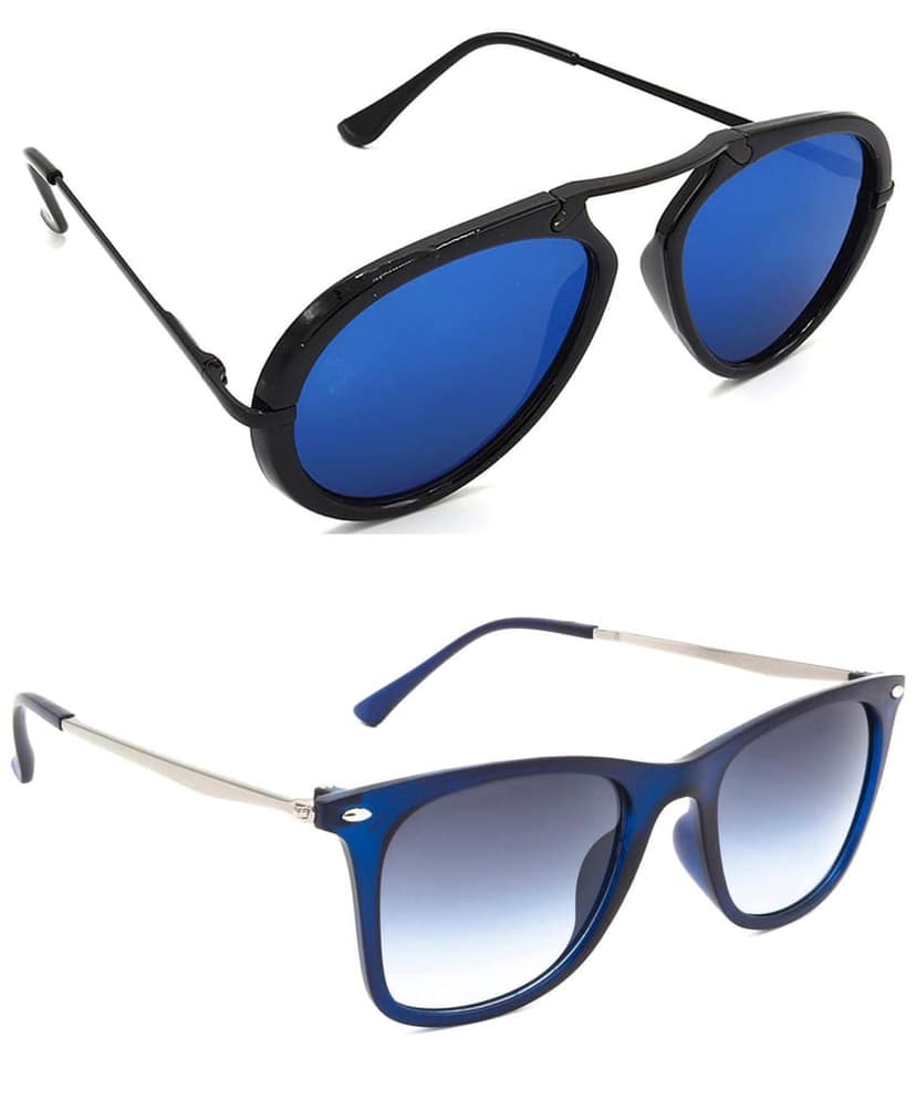 HRINKAR Unisex Wrap-around Sunglasses Black & Silver Frame, Blue & Clear Lens (Medium) - Pack of 2