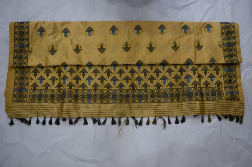 Traditional Yellow Silk Saree with Geometric Embroidery, Blue and Green Motifs, Tassel Border view 3