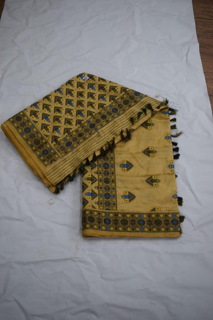 Traditional Yellow Silk Saree with Geometric Embroidery, Blue and Green Motifs, Tassel Border view 4