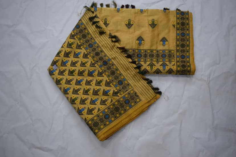 Traditional Yellow Silk Saree with Geometric Embroidery, Blue and Green Motifs, Tassel Border view 5