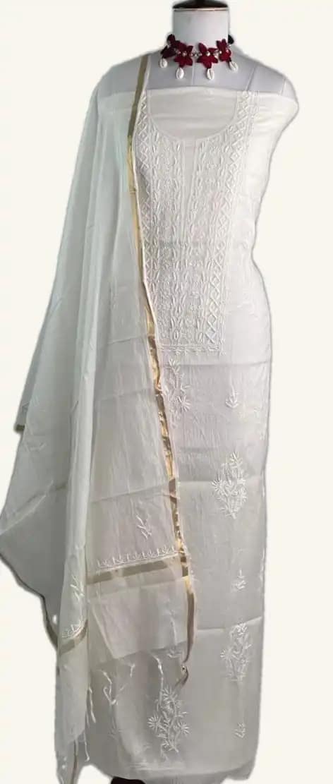 Chikankari Mul Chanderi Dress Material White Tonal Jaali