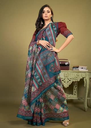 Digital Printed Cotton Saree in Multicolor