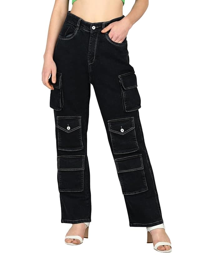Glossia Fashion Women Cargo Jeans | High Waist Stretchable Loose Straight Fit Denim| Boyfriend Jeans for Women - Black, 34