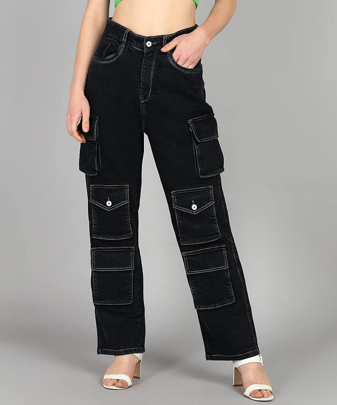 Glossia Fashion Women Cargo Jeans | High Waist Stretchable Loose Straight Fit Denim| Boyfriend Jeans for Women - Black, 34 view 2