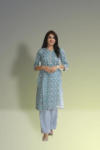 Women's pure cotton Light Blue with Multi color Embellished kurta