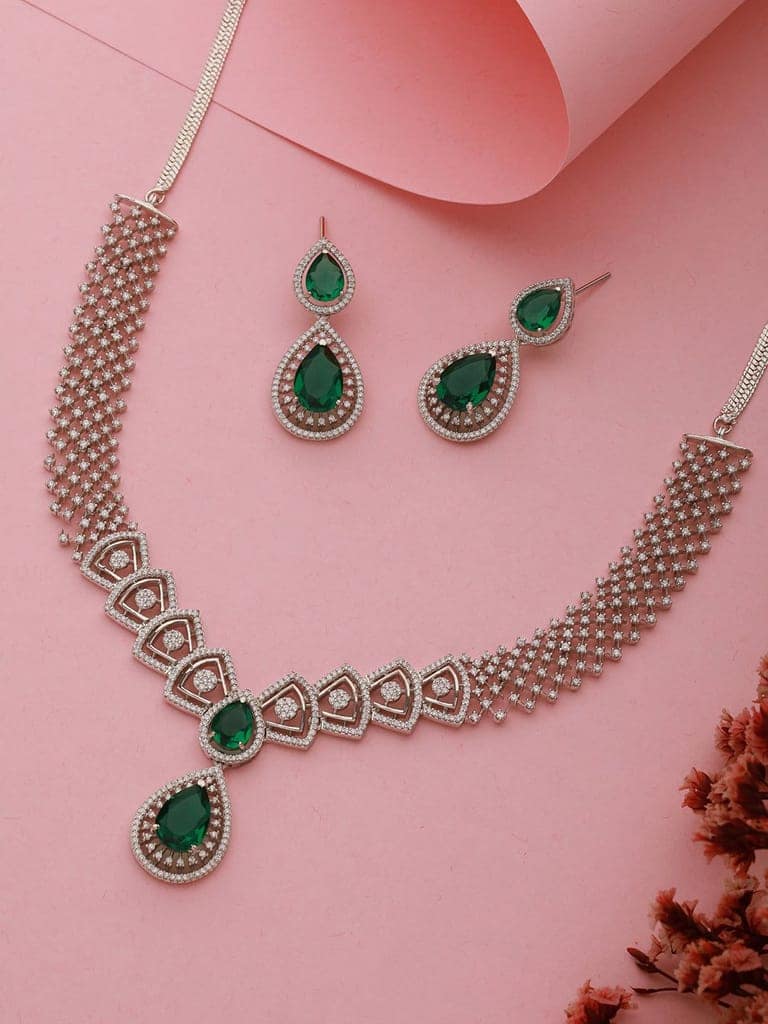 Silver Toned Green AD Studded Geometric Statement Necklace Jewellery Set view 2