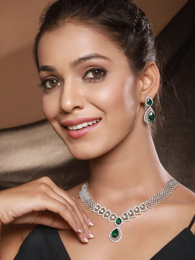 Silver Toned Green AD Studded Geometric Statement Necklace Jewellery Set view 3