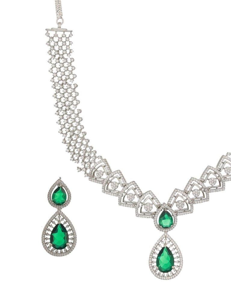 Silver Toned Green AD Studded Geometric Statement Necklace Jewellery Set view 4