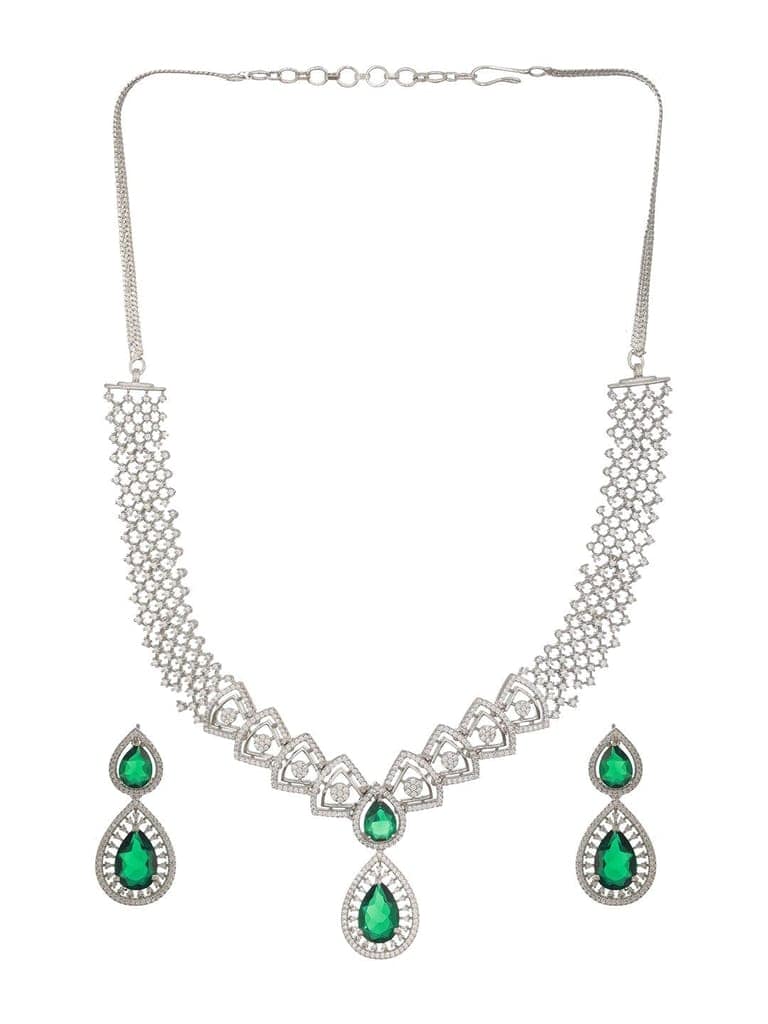 Silver Toned Green AD Studded Geometric Statement Necklace Jewellery Set view 5