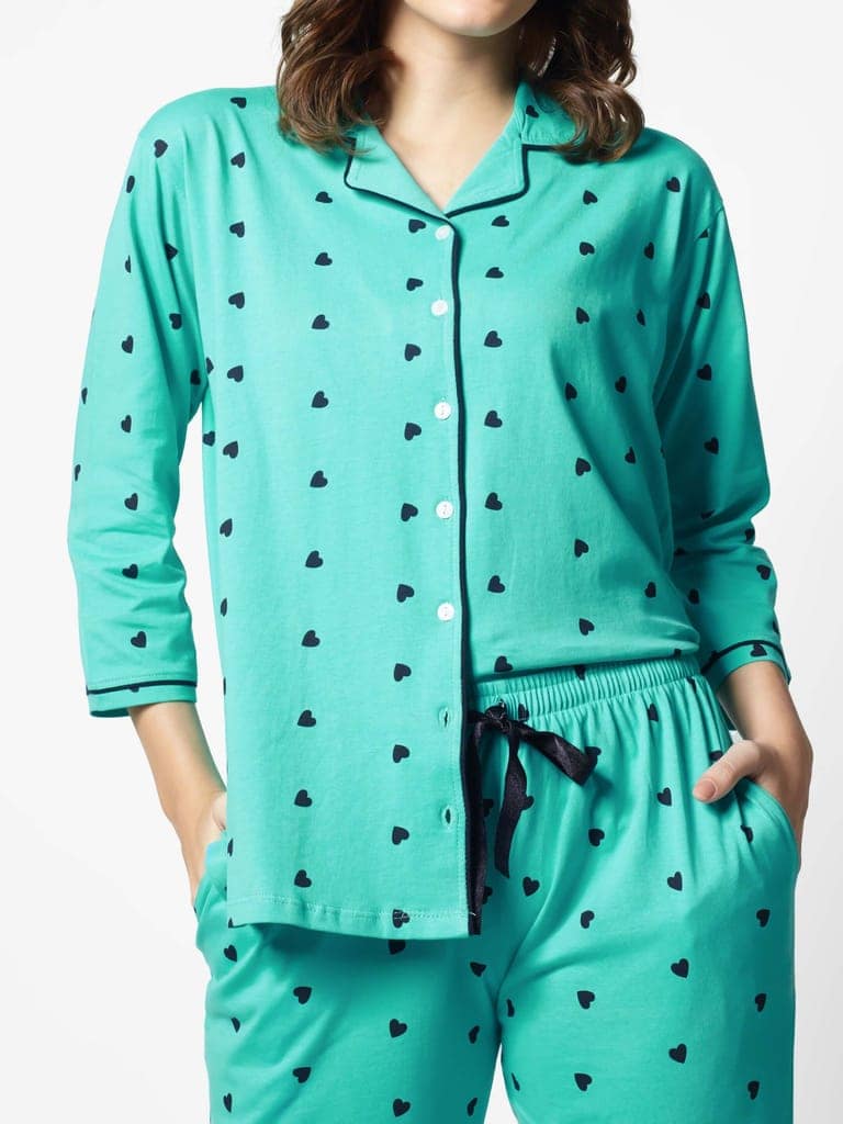 Zeyo Women Green Heart print Stylish Night suit set view 2