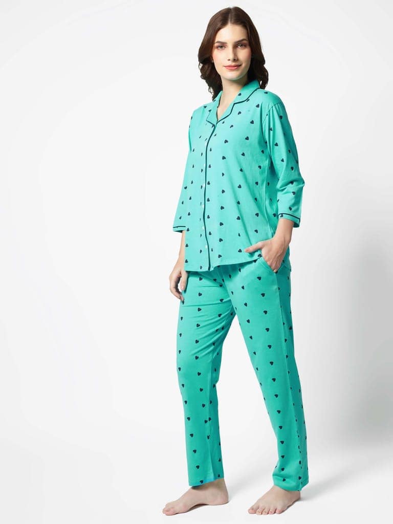 Zeyo Women Green Heart print Stylish Night suit set view 3