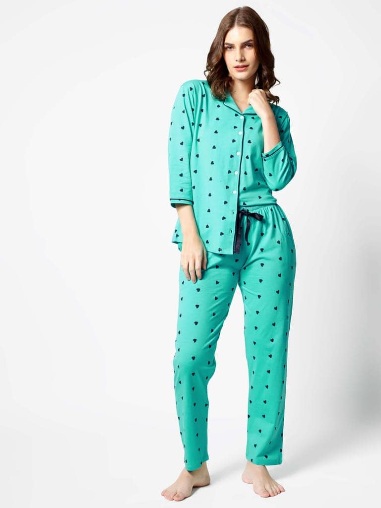 Zeyo Women Green Heart print Stylish Night suit set view 5