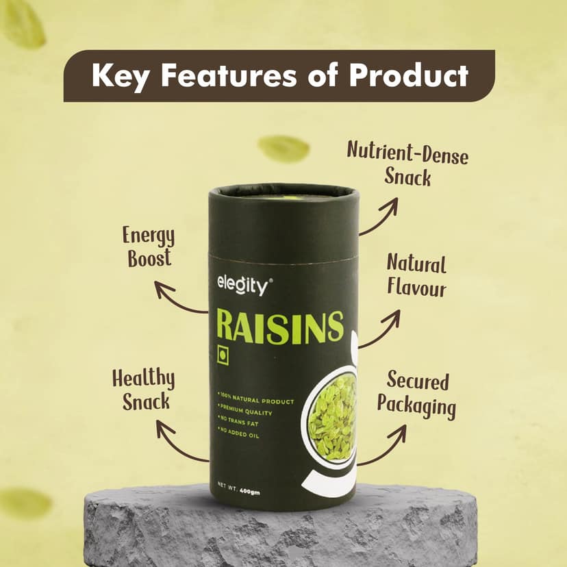Elegity Plain Seedless Green Raisins Papertube 400 gm | 100% Natural Dried Grapes (Kishmish) | Nutritious, Delicious & Healthy Snack | Source of Fibre in Nuts | No Preservatives in Dry Fruit